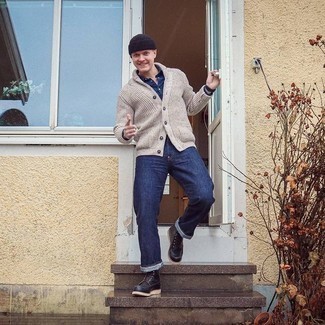 Beige Shawl Cardigan Outfits For Men: If the setting allows a relaxed outfit, try pairing a beige shawl cardigan with navy jeans. A cool pair of black leather casual boots pulls this ensemble together.