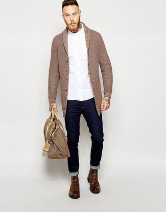 Dark Brown Shawl Cardigan Outfits For Men: If you're on the lookout for an off-duty but also on-trend look, consider wearing a dark brown shawl cardigan and navy jeans. As for footwear, complete this outfit with brown leather casual boots.