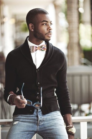 Men's Dark Brown Shawl Cardigan, White Long Sleeve Shirt, Blue Ripped Jeans, Multi colored Bow-tie