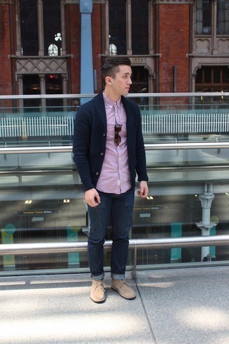 Violet Check Long Sleeve Shirt Outfits For Men: A violet check long sleeve shirt and navy jeans? This is easily a wearable ensemble that anyone can rock on a daily basis. If you need to effortlessly lift up your look with a pair of shoes, why not complete your ensemble with a pair of beige suede desert boots?