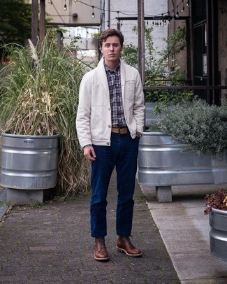 Tobacco Leather Casual Boots Smart Casual Outfits For Men: A white shawl cardigan and navy jeans have become indispensable casual must-haves for most men. Look at how nice this ensemble goes with tobacco leather casual boots.