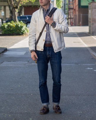 Men's White Shawl Cardigan, White and Navy Gingham Long Sleeve Shirt, Navy Jeans, Dark Brown Leather Boat Shoes