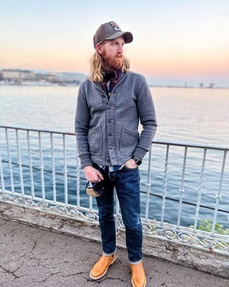Navy Plaid Scarf Outfits For Men: This pairing of a grey shawl cardigan and a navy plaid scarf is on the casual side but is also on-trend and seriously sharp. Why not take a more refined approach with shoes and add a pair of tobacco leather chelsea boots to the equation?