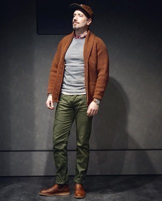 Dark Brown Shawl Cardigan Outfits For Men: This pairing of a dark brown shawl cardigan and olive chinos is an interesting balance between sophisticated and casual. Finishing with brown leather chelsea boots is a surefire way to introduce a little fanciness to this look.