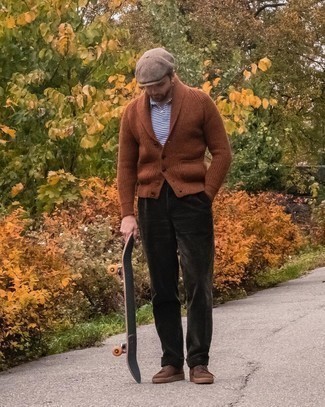 Brown Shawl Cardigan Outfits For Men: Choose a brown shawl cardigan and dark green corduroy chinos if you seek to look sharp without making too much effort. Complement your look with dark brown suede low top sneakers to instantly rev up the style factor of your look.