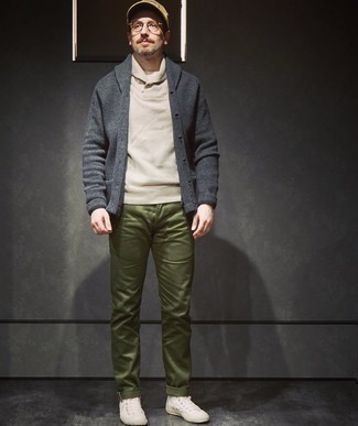 Shawl-Neck Sweater Outfits: For a look that's street-style-worthy and casually classic, team a shawl-neck sweater with olive chinos. A pair of white canvas high top sneakers will add a new flavor to this ensemble.