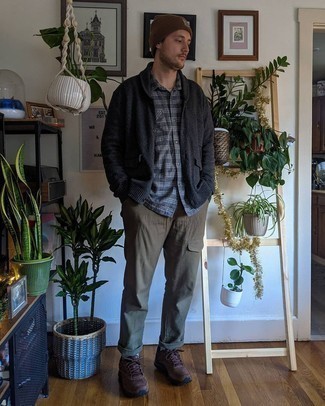 Shawl Cardigan Outfits For Men: For a relaxed casual getup, reach for a shawl cardigan and olive cargo pants — these two items work pretty good together. Feeling bold today? Switch things up by finishing off with dark brown athletic shoes.