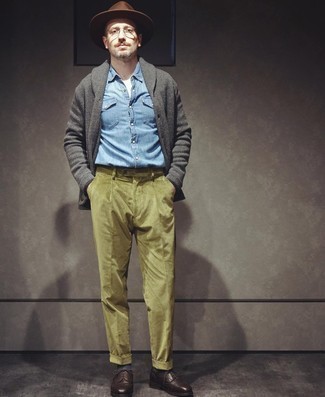 Teal Corduroy Chinos Outfits: Irrefutable proof that a charcoal herringbone shawl cardigan and teal corduroy chinos look awesome when you team them together in a laid-back outfit. Balance out your getup with a more elegant kind of footwear, such as these dark brown leather brogues.