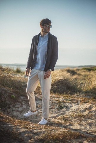 Aquamarine Sunglasses Outfits For Men: To put together an off-duty ensemble with an edgy take, you can easily go for a charcoal shawl cardigan and aquamarine sunglasses. Puzzled as to how to finish off this outfit? Finish off with a pair of white canvas low top sneakers to lift it up.