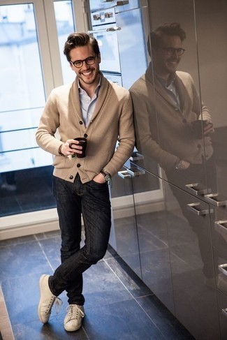 Beige Cardigan Outfits For Men: Up your casual look by wearing a beige cardigan and black jeans. Send an otherwise dressy look in a more casual direction by rounding off with beige canvas low top sneakers.