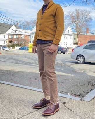 Burgundy Leather Brogues Outfits: This relaxed casual combo of a mustard shawl cardigan and khaki jeans is a goofproof option when you need to look casually cool in a flash. If you feel like playing it up, introduce a pair of burgundy leather brogues to this look.