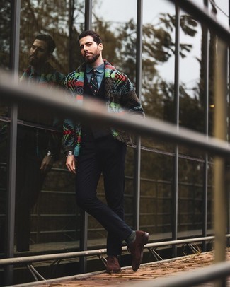 Multi colored Fair Isle Shawl Cardigan Outfits For Men: Wear a multi colored fair isle shawl cardigan with a black suit and you'll ooze class and refinement. Inject a bit of elegance into this outfit by rocking dark brown suede oxford shoes.