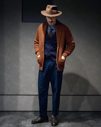 Dark Brown Shawl Cardigan Outfits For Men: When the setting calls for a refined yet cool look, consider wearing a dark brown shawl cardigan and navy chinos. To introduce some extra zing to your outfit, add a pair of black leather brogues to the equation.