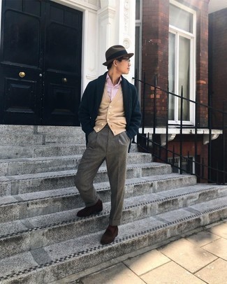 Shawl Cardigan Outfits For Men: We love how this pairing of a shawl cardigan and grey wool dress pants immediately makes men look stylish and polished. Dark brown suede loafers will be a stylish addition for this look.