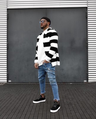 Blue Ripped Skinny Jeans Outfits For Men: For a laid-back outfit with a street style take, consider wearing a white and black horizontal striped shawl cardigan and blue ripped skinny jeans. Change up this look with a sleeker kind of footwear, like this pair of black suede low top sneakers.