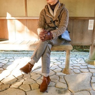 Beige Shawl Cardigan Outfits For Men: For manly refinement with a modern spin, opt for a beige shawl cardigan and grey wool dress pants. Complement your ensemble with brown suede desert boots to make a dressy getup feel suddenly fresh.