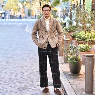 Brown Cardigan Outfits For Men: Pair a brown cardigan with navy and green plaid dress pants and you'll ooze class and refinement. Up the wow factor of this outfit by sporting brown suede desert boots.