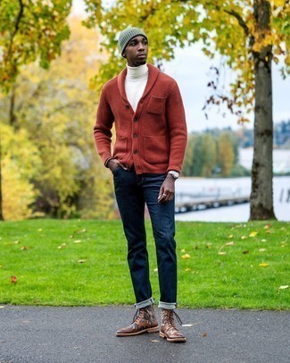 White Turtleneck Outfits For Men: A white turtleneck and navy jeans combined together are a great match. Brown leather brogue boots will inject an added dose of style into an otherwise all-too-common look.