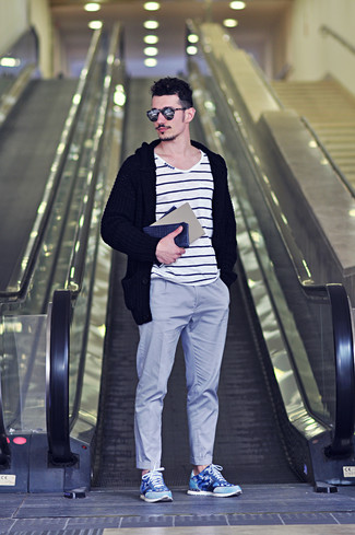 Pairing a black shawl cardigan and grey chinos is a fail-safe way to inject your day-to-day styling lineup with some effortless elegance. Complement this look with a pair of blue camouflage athletic shoes to make a mostly classic outfit feel suddenly edgier.