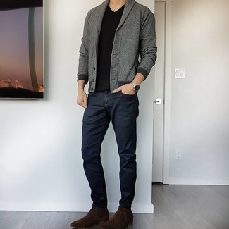 Grey Shawl Cardigan Outfits For Men: To pull together a relaxed ensemble with a modern spin, try pairing a grey shawl cardigan with navy jeans. Dark brown suede chelsea boots are the most effective way to breathe a touch of refinement into this outfit.