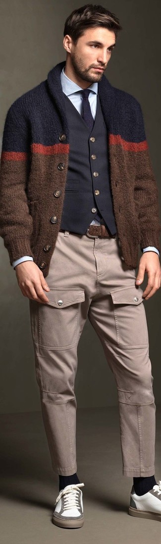 Grey Cargo Pants Outfits: If it's ease and functionality that you love in menswear, choose a brown shawl cardigan and grey cargo pants. A great pair of white leather low top sneakers is a simple way to bring a dash of stylish effortlessness to this ensemble.