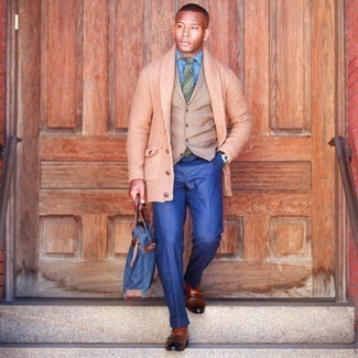 Tan Shawl Cardigan Outfits For Men: Tap into polished style in a tan shawl cardigan and blue dress pants. Let your sartorial prowess really shine by completing your outfit with a pair of tobacco leather double monks.