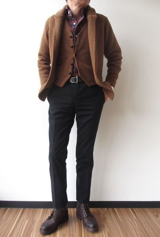 Brown Wool Waistcoat Outfits: This sophisticated combination of a brown wool waistcoat and black dress pants is a must-try look for today's man. If you want to easily play down your outfit with footwear, why not complete this ensemble with a pair of dark brown leather casual boots?