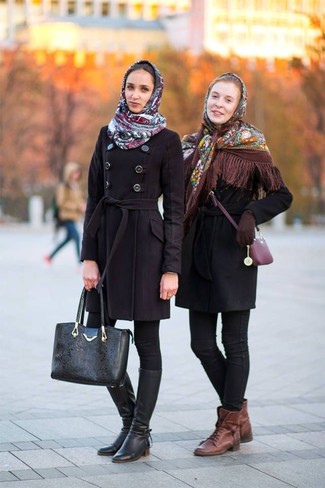 Violet Leather Crossbody Bag Outfits: Why not wear a black coat and a violet leather crossbody bag? These two pieces are super comfy and will look cool when paired together. For maximum style, add a pair of brown leather lace-up flat boots to this outfit.
