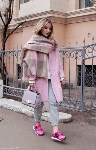 Light Violet Leather Crossbody Bag Outfits: Why not team a pink coat with a light violet leather crossbody bag? As well as super comfortable, these two pieces look nice worn together. Introduce a pair of hot pink athletic shoes to the mix to instantly bump up the appeal of your ensemble.