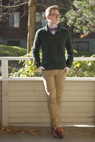 Dark Green Shawl-Neck Sweater Outfits: This combination of a dark green shawl-neck sweater and khaki chinos is hard proof that a safe ensemble doesn't have to be boring. A pair of brown leather derby shoes effortlessly kicks up the style factor of any look.