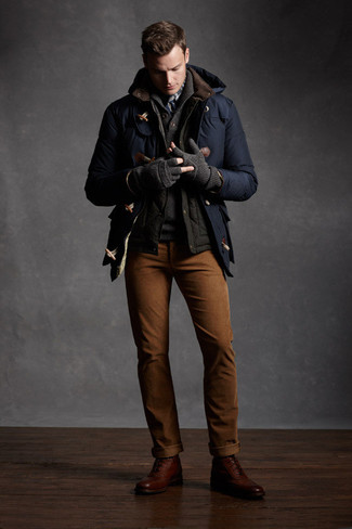 Men's Tobacco Chinos, Charcoal Shawl-Neck Sweater, Charcoal Gilet, Navy Duffle Coat