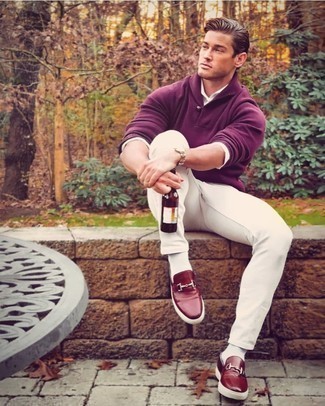 Shawl-Neck Sweater Outfits: Go for casually dapper style in a shawl-neck sweater and white jeans. And if you want to easily step up this ensemble with shoes, why not complement this ensemble with burgundy leather loafers?