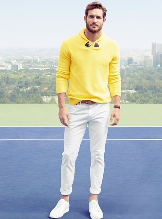 Yellow Shawl-Neck Sweater Outfits: A yellow shawl-neck sweater and white skinny jeans are an essential combination for many style-conscious gents. If not sure about what to wear when it comes to footwear, add a pair of white plimsolls to the equation.