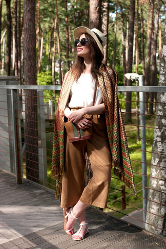 Women's Brown Geometric Shawl, White Silk Tank, Brown Culottes, White Leather Flat Sandals