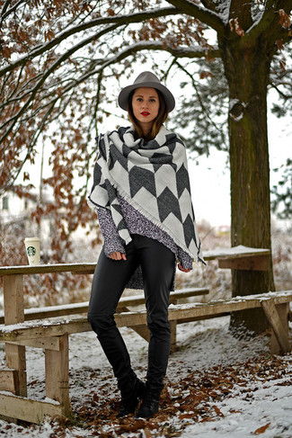 Women's Grey Shawl, Grey Knit Tunic, Black Leather Skinny Pants, Black Leather Lace-up Ankle Boots