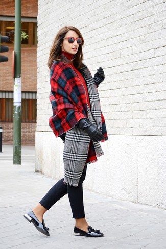 Women's Red and Navy Plaid Shawl, Red Turtleneck, Black Skinny Jeans, Black Leather Tassel Loafers