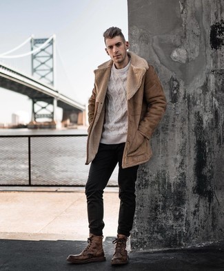 500+ Winter Outfits For Men: Effortlessly blurring the line between sharp and laid-back, this combination of a brown shearling coat and black jeans will easily become one of your go-tos. For something more on the dressier side to round off your outfit, complete this getup with a pair of brown leather casual boots. Dressing smartly is the key to surviving uncomfortably cold temperatures, but this ensemble is hard proof that you can do it with style.