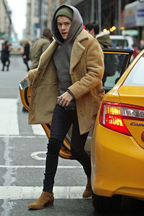 Harry Styles Wearing Tan Shearling Coat Grey Hoodie Black Skinny Jeans Tan Suede Chelsea Boots Lookastic