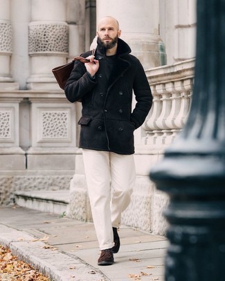 Dark Brown Suede Derby Shoes Outfits: Why not pair a black shearling coat with white chinos? As well as super functional, these pieces look amazing when worn together. If you feel like dressing up a bit now, add dark brown suede derby shoes to the equation.
