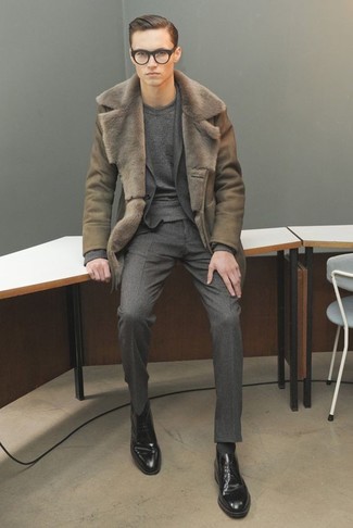 Olive Shearling Coat Outfits For Men: This classy combination of an olive shearling coat and a charcoal wool suit is a frequent choice among the dapper chaps. Black leather derby shoes are a nice choice to round off your outfit.