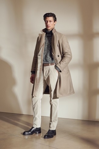 Tan Shearling Coat Outfits For Men: A tan shearling coat and beige corduroy chinos paired together are a match made in heaven for guys who prefer laid-back getups. If you need to immediately class up this getup with one piece, introduce a pair of black leather chelsea boots to the mix.