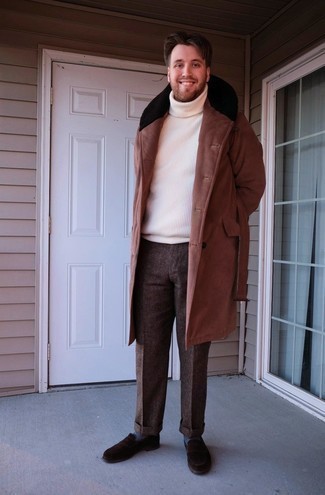 Tobacco Dress Pants Outfits For Men: Combining a brown shearling coat with tobacco dress pants is a savvy pick for a dapper and sophisticated getup. If you're hesitant about how to finish off, a pair of dark brown suede loafers is a good pick.
