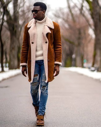 Men's Tobacco Shearling Coat, White Knit Wool Turtleneck, Blue Ripped Jeans, Brown Leather Casual Boots