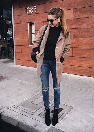 Shearling Coat Outfits For Women: Consider teaming a shearling coat with navy ripped skinny jeans and you'll be ready for whatever this day throws at you. Rev up the wow factor of your getup with a pair of black suede ankle boots.