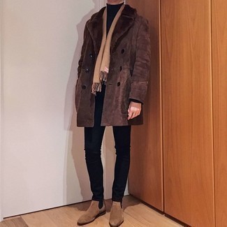 Tan Scarf Outfits For Men: This look with a brown shearling coat and a tan scarf isn't a hard one to put together and leaves room to more experimentation. For a dressier finish, complement this ensemble with a pair of tan suede chelsea boots.