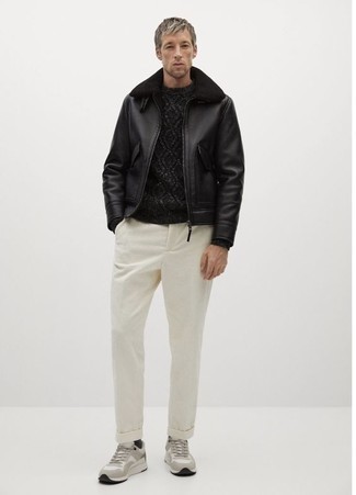 Men's Black Shearling Jacket, Charcoal Cable Sweater, White Corduroy Chinos, Grey Athletic Shoes