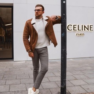 Men's Brown Shearling Jacket, White Cable Sweater, Grey Houndstooth Chinos, White Canvas Low Top Sneakers