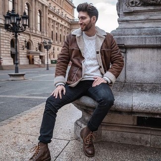 Men's Brown Shearling Jacket, White Cable Sweater, Navy Jeans, Brown Leather Casual Boots