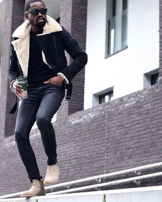 Men's Navy Shearling Jacket, Black Crew-neck Sweater, Charcoal Chinos, Beige Suede Chelsea Boots