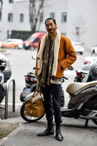 Beige Paisley Scarf Outfits For Men: Dress in a tobacco shearling jacket and a beige paisley scarf to achieve new levels in menswear styling. Finishing off with black leather casual boots is a fail-safe way to introduce a little depth to your look.